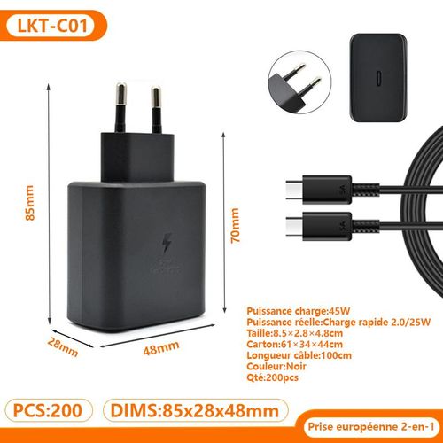 Chargeur rapide à fiche européenne 25W, kit avec câble Type-C de 1 mètre, adapté pour téléphones et tablettes