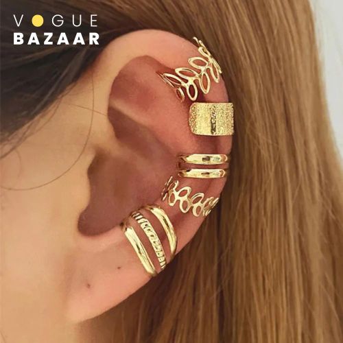 Lot de 5 ear cuffs sans perçage, boucles d’oreilles dorées en forme de C avec motif feuille ajourée