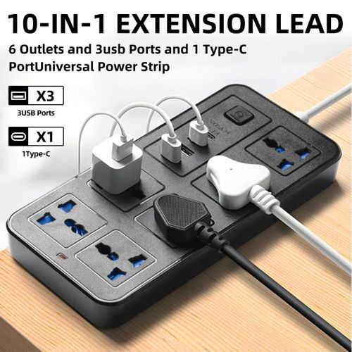RHRB Multiprise avec protection contre les surtensions : 6 prises CA et 3 ports USB Type-C, rallonge de 3 mètres