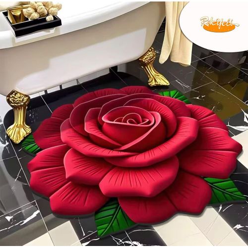 Tapis Rond à Motif Floral 3D Style Moderne Antidérapant, Séchage Rapide, Absorbant L'eau – Tapis de Sol Décoratif Ultra Doux pour Chambre, Salon & Salle de Bain(Rouge)
