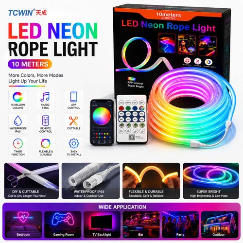 Ruban LED Néon TCWIN 10M - Illumination Ambiance RGB Personnalisable, Étanche IP65 - Pour Maison, Gaming, Fêtes & Bars