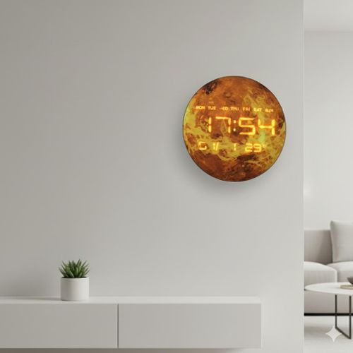 Horloge Murale LED Numérique 3D - Design Planète Mars, Silencieuse, Affichage Date/Température - Décoration Astro Futuriste pour Bureau & Salon