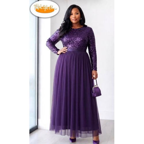 Robe de Soirée Longue Élégante en Tulle et Paillettes – Violet Royal