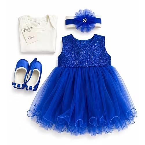 Coffret baptême fillette Bleu – Paillette (Robe, barboteuse, chaussures & barrette) - Bleu