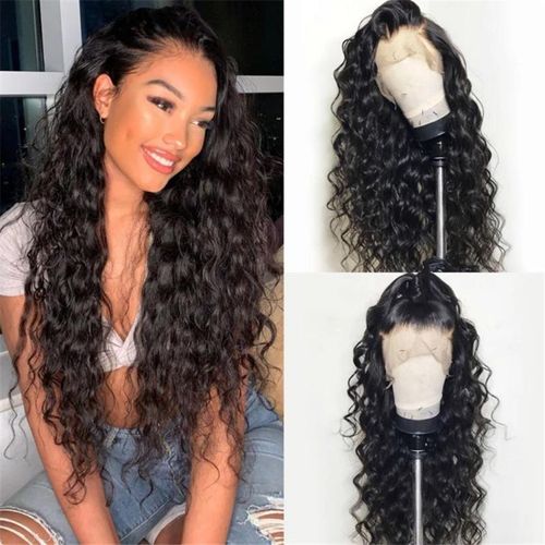 Perruque longue bouclée noire pour femme, avec raie au milieu