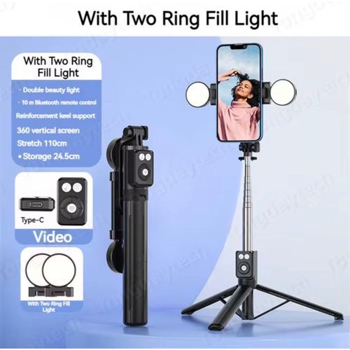 Perche à Selfie BT12 4-en-1 avec Double Anneau Lumineux – Trépied Pliable pour iPhone & Android