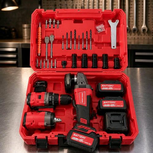 Une perceuse-visseuse à percussion ET MEULEUSE sans fil 88 VOLTS-Rouge