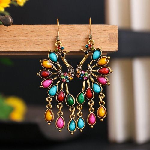 Boucles d'oreilles ethniques style paon, multicolores, pour femme Acier inoxydable style affirmé et vente de liquidation