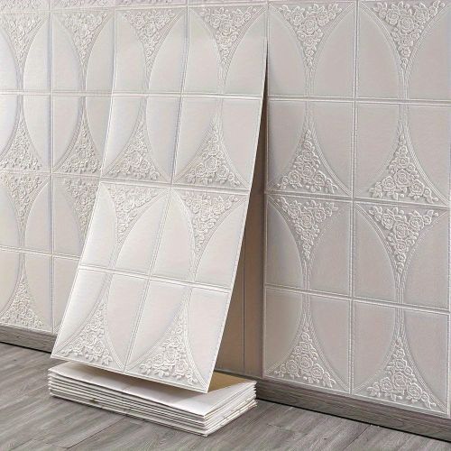 Panneaux muraux 3D 0,7 m x 5 m / Papier peint autocollant – Motif briques continu - Blanc floral miroir – Imperméable et résistant à l'humidité