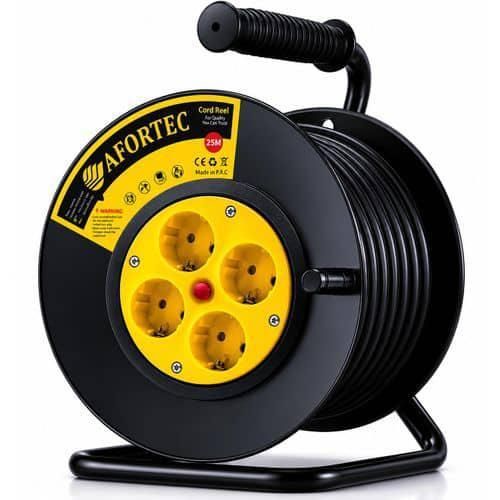 Rallonge Électrique sur Tambour avec 4 Prises Françaises/Schuko et Poignée Ergonomique