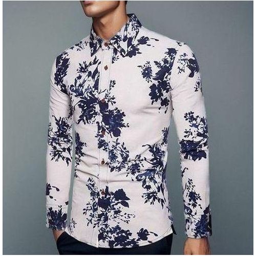 Chemise décontractée boutonnée à manches longues pour homme, imprimé floral hawaïen bleu