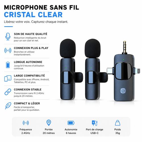 Microphone Sans Fil K9 Double – Compatible iPhone, Android, Tablette & PC