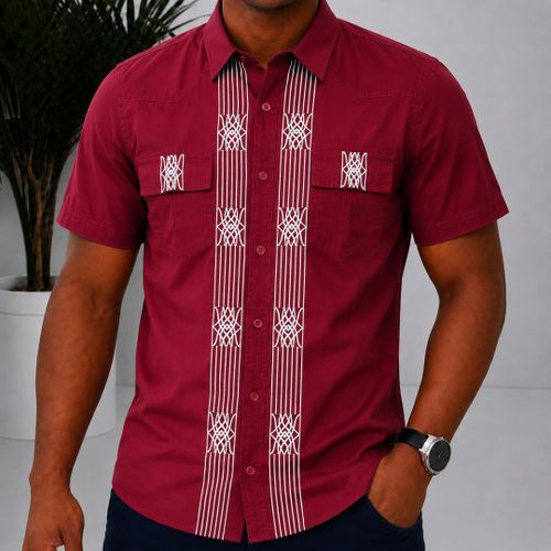 Chemise bordeaux à broderies géométriques (Manches courtes)