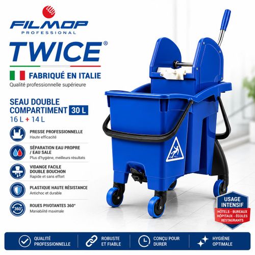 Chariot de Nettoyage Professionnel FILMOP Double Seau avec Presse d'Essorage Bleu - Fabriqué en Italie