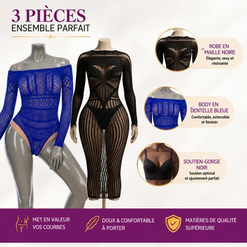 Ensemble 3 Pièces Tendance : Robe en Maille, Body en Dentelle et Soutien-Gorge - Noir & Bleu