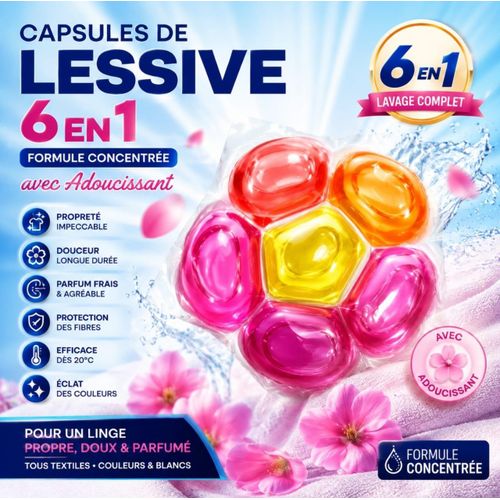 Lot de 5 Lessives en Capsules 6 en 1 - Formule Concentrée avec Adoucissant - Tout Type de Tissu
