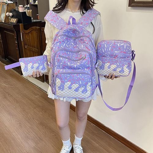 Ensemble de 3 pièces - grand sac à dos étudiant/collège pour fille avec pendentif ours (sac d'école + sac à bandoulière + trousse)