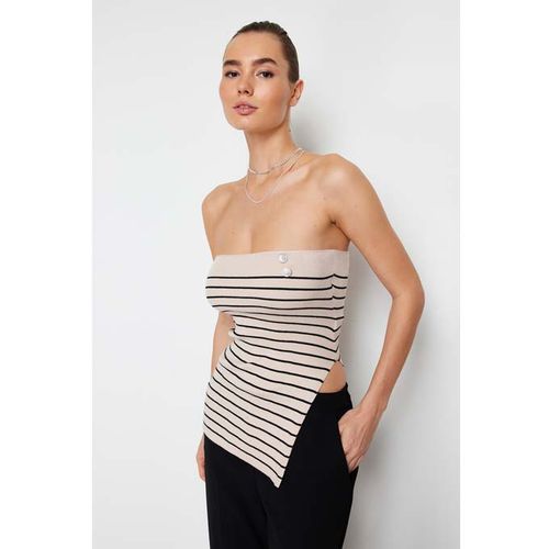 Bustier Sans Bretelles À Rayures Beiges, En Coton De Qualité Supérieure/Fil Spécial TWOSS24BZ00139