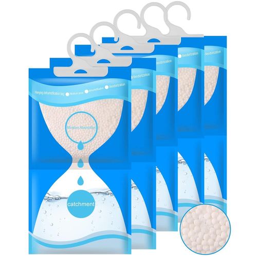 Cinq sachets absorbant l'humidité (230 g chacun) pour garder votre placard, votre chambre et votre salle de bain au sec.