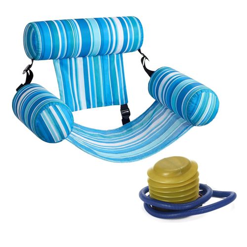 Fauteuil flottant gonflable à rayures bleues avec pompe à pied, pour adultes.