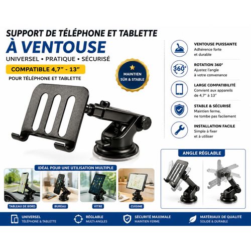 Support de Téléphone et Tablette Pliable Rotatif 360° avec Ventouse – Compatible 4 à 13 Pouces