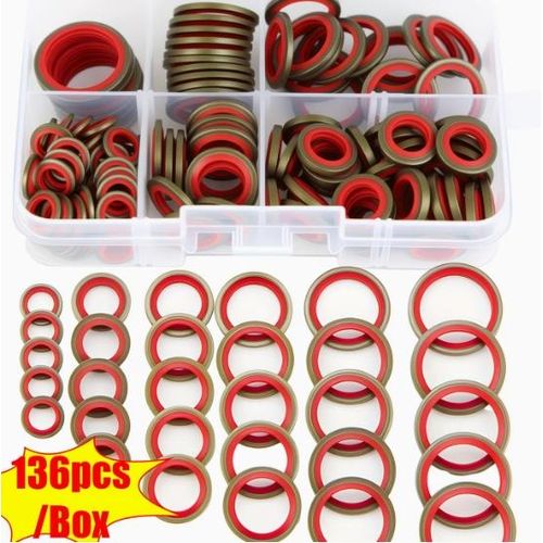 Kit d'assortiment de 136 joints d'étanchéité pour bouchon de vidange de carter d'huile - Joints d'étanchéité en caoutchouc NBR et métal M6/M8/M10/M12/M14/M16