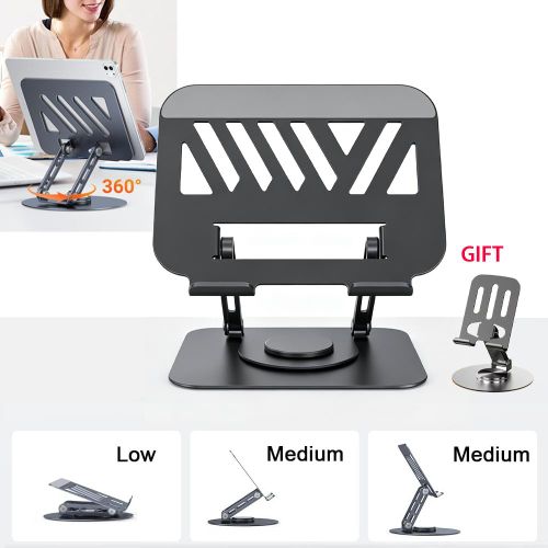 Support Ordinateur Portable Réglable Rotatif – Métal Pliable Pour Bureau Avec Porte-téléphone
