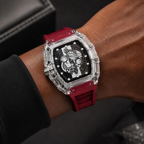 Montre Homme Squelette Transparente Tonneau – Bracelet Rouge
