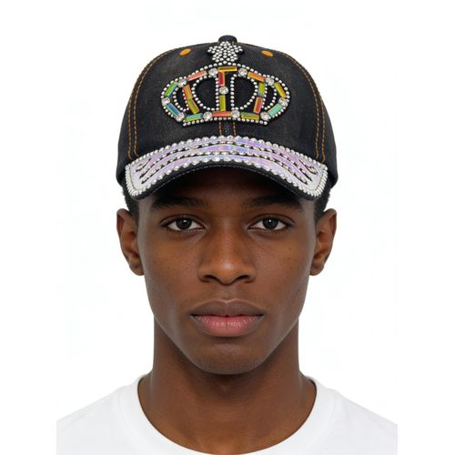 Casquette en jean à couronne embellie Strass multicolores Visière irisée Ajustable Mixte