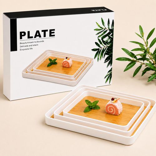 Lot de 3 Plateaux de Service en Bambou avec Cadre Blanc – Plateaux Rectangulaires Empilables – Plateau de Petit-Déjeuner, Café, Dessert et Décoration – Élégant, Robuste et Facile à Nettoyer