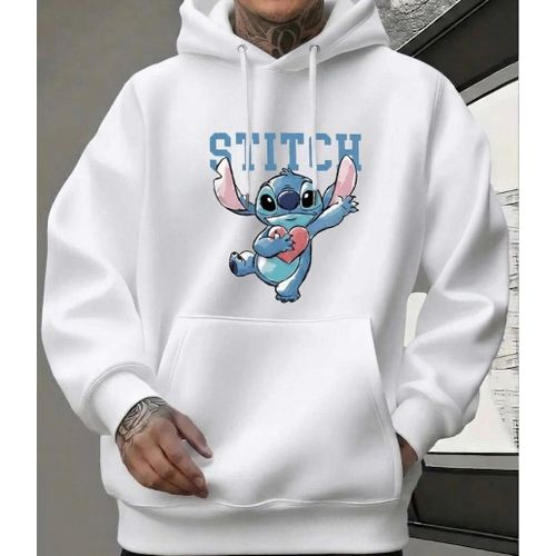 Pull over blanc à capuche manche longue avec poches en coton, unisexe.