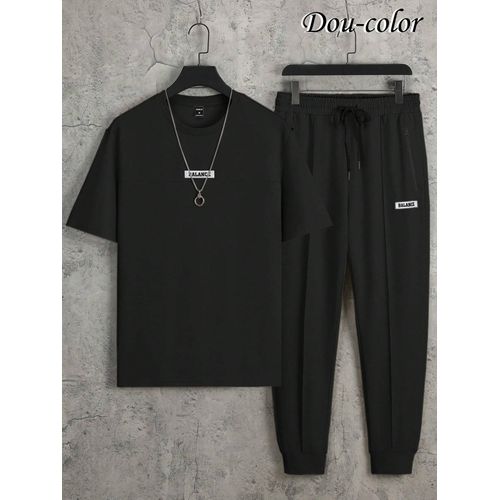 Ensemble pour homme 'Balance' imprimé 2-en-1 avec T-shirt à manches courtes et pantalon - noir