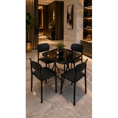 Table Pliante Carré Vitré 70cm + 4 Chaises en caoutchouc