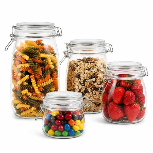 Lot de 4 Bocaux de Conservation en Verre avec Fermeture à Clip Inox – 500 ml à 1500 ml
