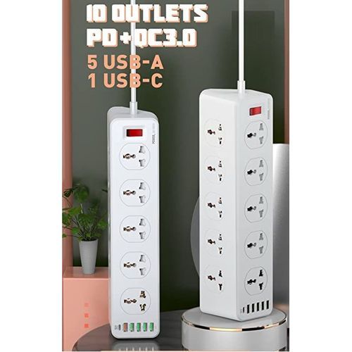 Multiprise Parasurtenseur – 10 Prises + 5 USB + Type-C -Blanc