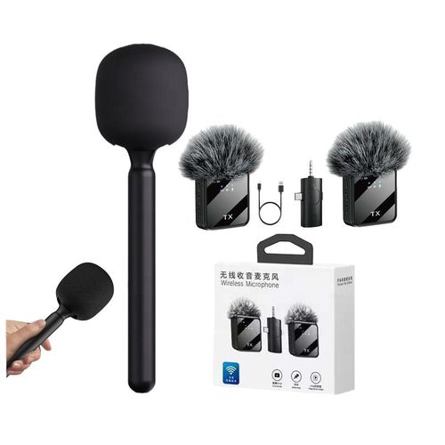 Kit Microphones Sans Fil 2 Mics 3 en 1, Support à Main, Micro-Cravate pour Téléphone, Caméra, Studio, Vlog, Enregistrement Vidéo et Interview