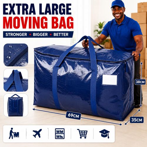 Sac de déménagement extra-résistant et de grande taille, imperméable, avec fermetures éclair robustes et poignées confortables.