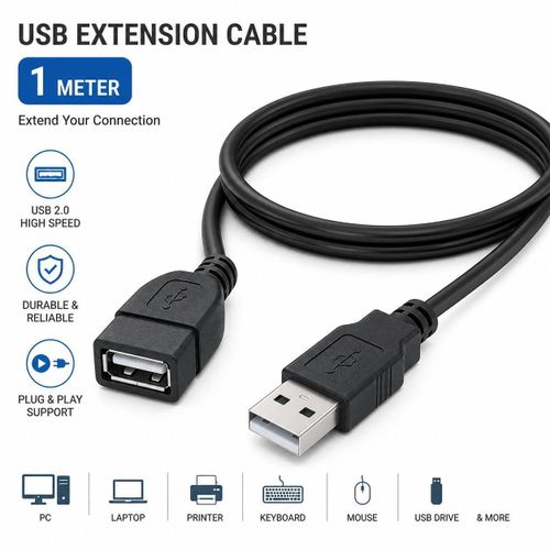 Câble d'extension USB 1 mètre, USB 2.0 A mâle vers femelle haute vitesse, fil PVC noir, pour PC, ordinateur portable, imprimante, clavier, souris et périphériques de stockage.