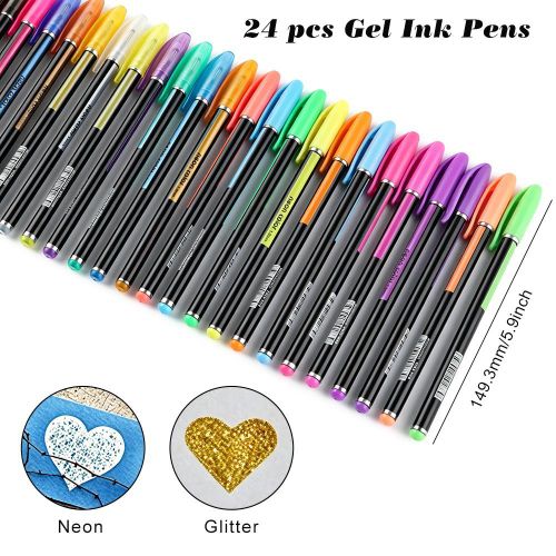 24 Couleurs Glitter Neon Highlighter Pen Set, stylo marqueur coloré de pointe de balle lisse de 1,0 mm pour écrire dessin coloration et prise de notes