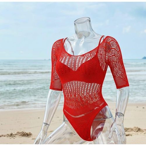 Maillot de bain une pièce rouge – Style crochet ajouré – Élégant et sexy pour la plage