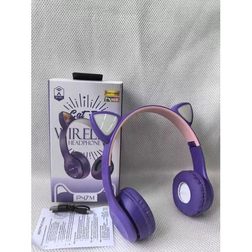 Casque bluetooth sans fil en oreille chat avec lumières led rgb- violet pour enfant