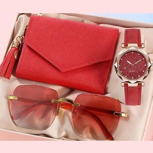 Lot de 3 pièces/ Montre-bracelet ronde élégante rouge pour femmes et portefeuille avec lunettes en cadeau - Rouge