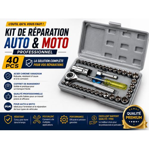 Clé à Douille - 40 Pièces Professionnel – Clé à Cliquet Réversible – Jeu de Douilles Métriques & Pouces – Réparation Auto, Moto et Bricolage