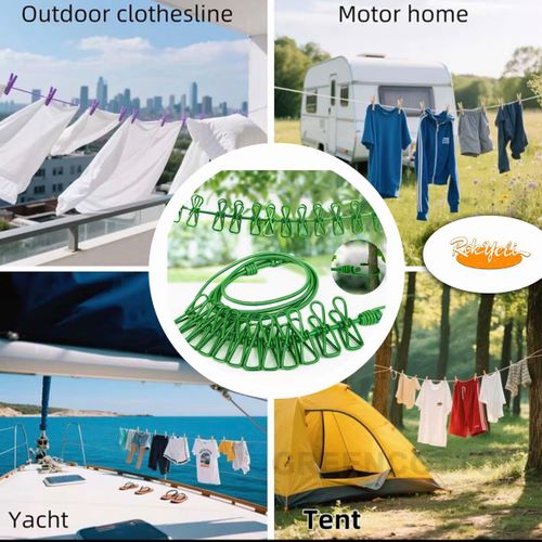 Corde à Linge Coupe-Vent Extensible, Rétractable, Antidérapant, Portable Pour Extérieur ou Intérieur Pour Balcon, Hôtel, Dortoir...Avec 12 Pinces RobusteVert