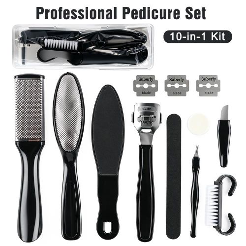 Ensemble d'outils de pédicure professionnels de 10pcs, kit d'enlèvement de callus de fichier de pied en acier inoxydable pour l'enlèvement de maïs dur de peau morte de talons fissurés, outils de soins des pieds de salon à la maison avec boîte de stockage