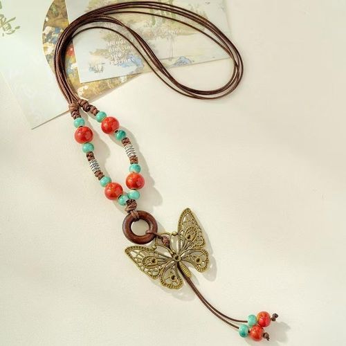 Collier pendentif papillon long pour pull, style bohème vintage polyvalent, bijou statement féminin en acier inoxydable, Déstockage