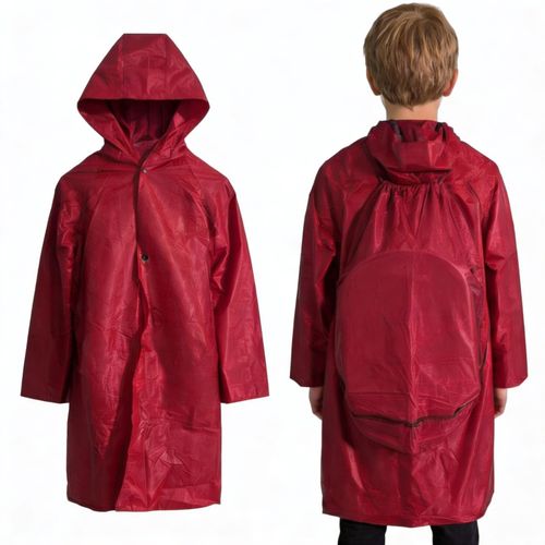 Manteau Imperméable Enfant (Taille S : Max 125cm / 25kg) avec Extension Sac à Dos Scolaire - Poncho de Pluie - Rouge