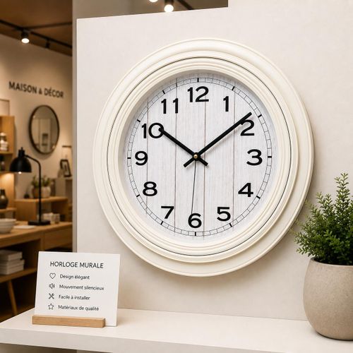 Grande Horloge Murale Ronde Décorative Vintage, Cadran Effet Bois Blanc, Grands Chiffres Noirs, Mouvement Silencieux, Horloge Moderne Rustique pour Salon, Chambre, Bureau et Décoration Maison