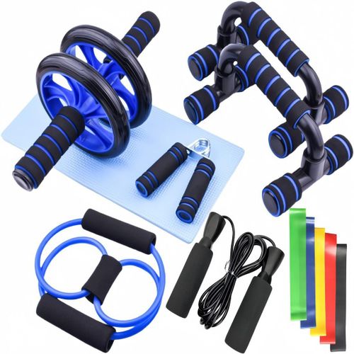 Kit d'entraînement abdominal 12 pièces, rouleaux de musculation abdominale, barres de pompes avec poignées, corde à sauter et élastiques - Bleu