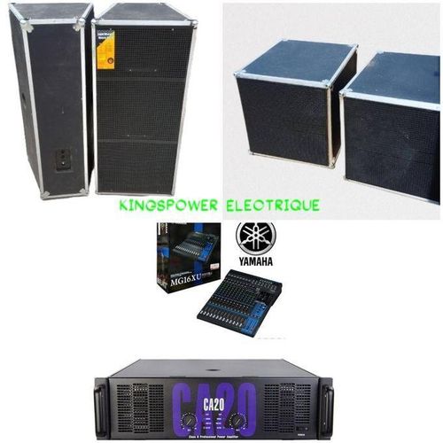 Système audio complet, comprenant des enceintes colonnes, un caisson de basses, un amplificateur CA-20, une table de mixage MG16XU à 16 canaux et le câblage.